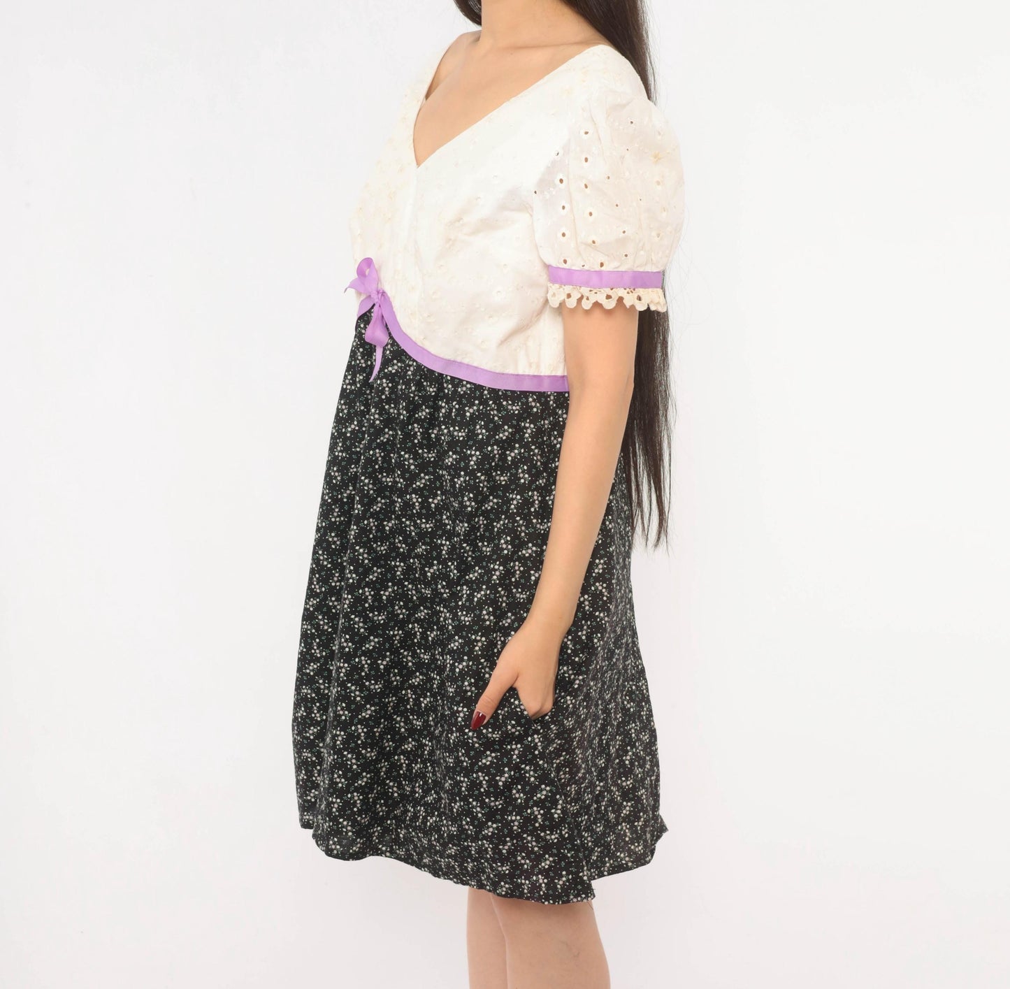 70s Princess Kaiulani Empire Waist Dress Eyelet Puff Sleeve Black Floral Medium M