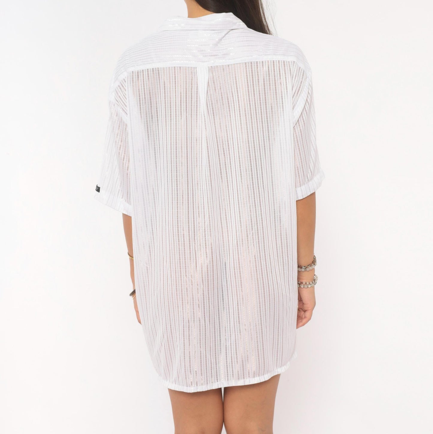 Y2K Solo White Striped Camp Collar Shirt Short Sleeve Plus Size 2X