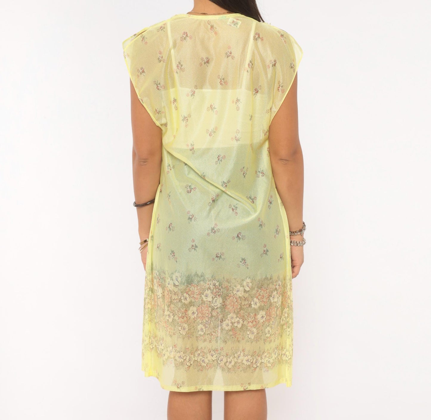 70s Yellow Sheer Floral Duster Cardigan Cap Sleeve Knee-Length Small