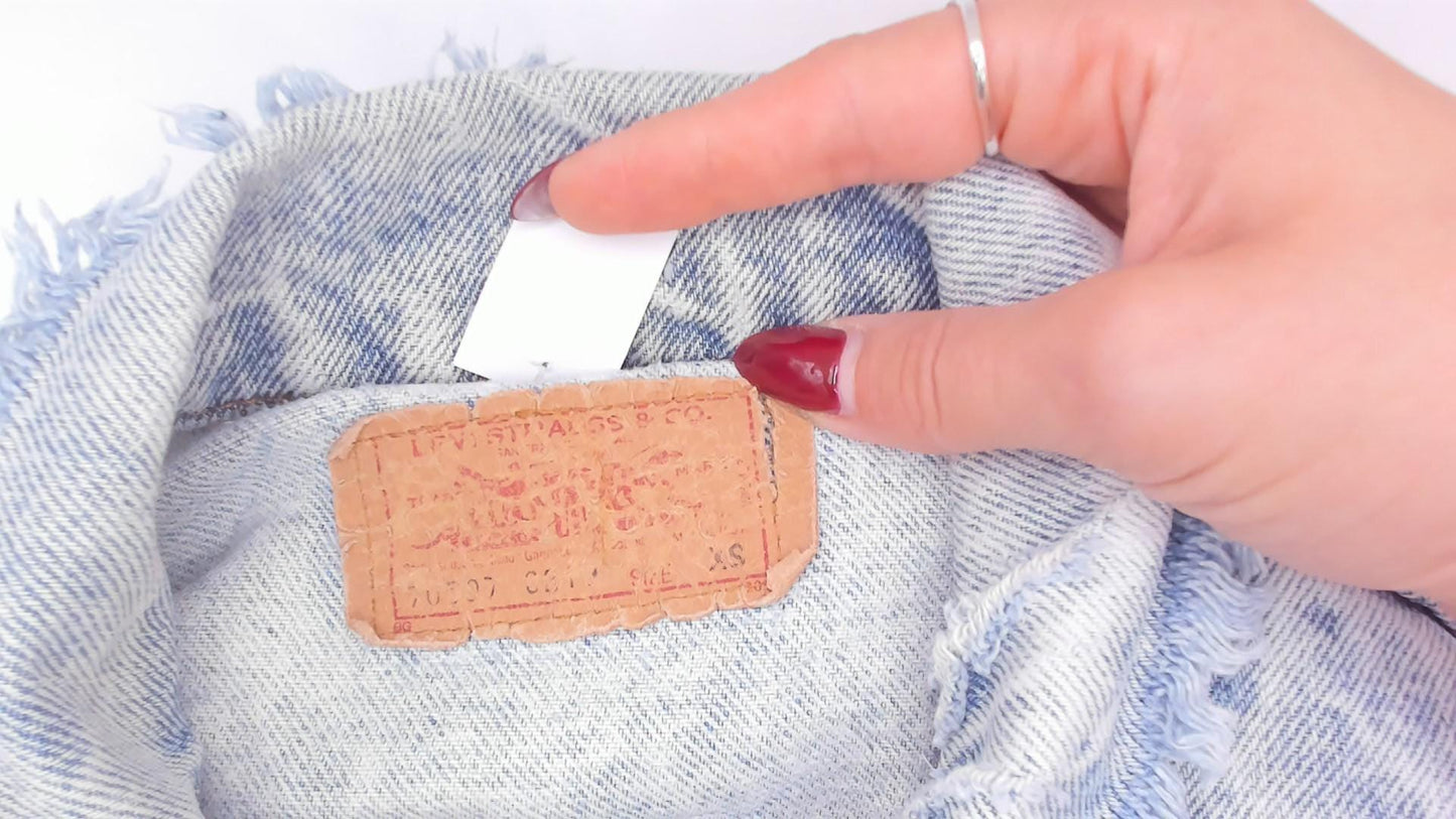 80s Levi's Acid Wash Denim Trucker Jacket Light Blue Distressed XS