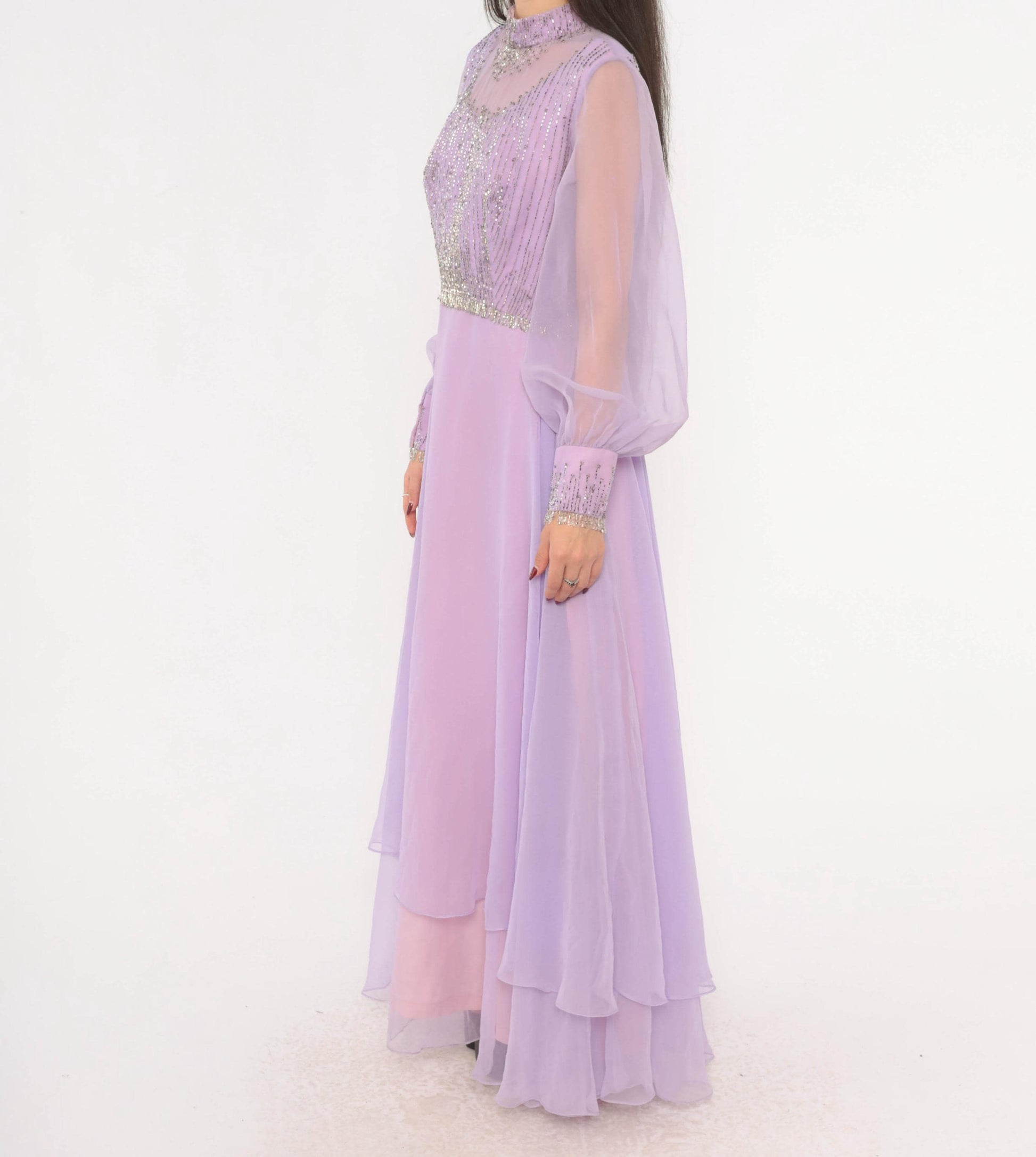 70s Lavender Chiffon Maxi Dress Beaded Bodice Bishop Sleeve Evening Gown Large L