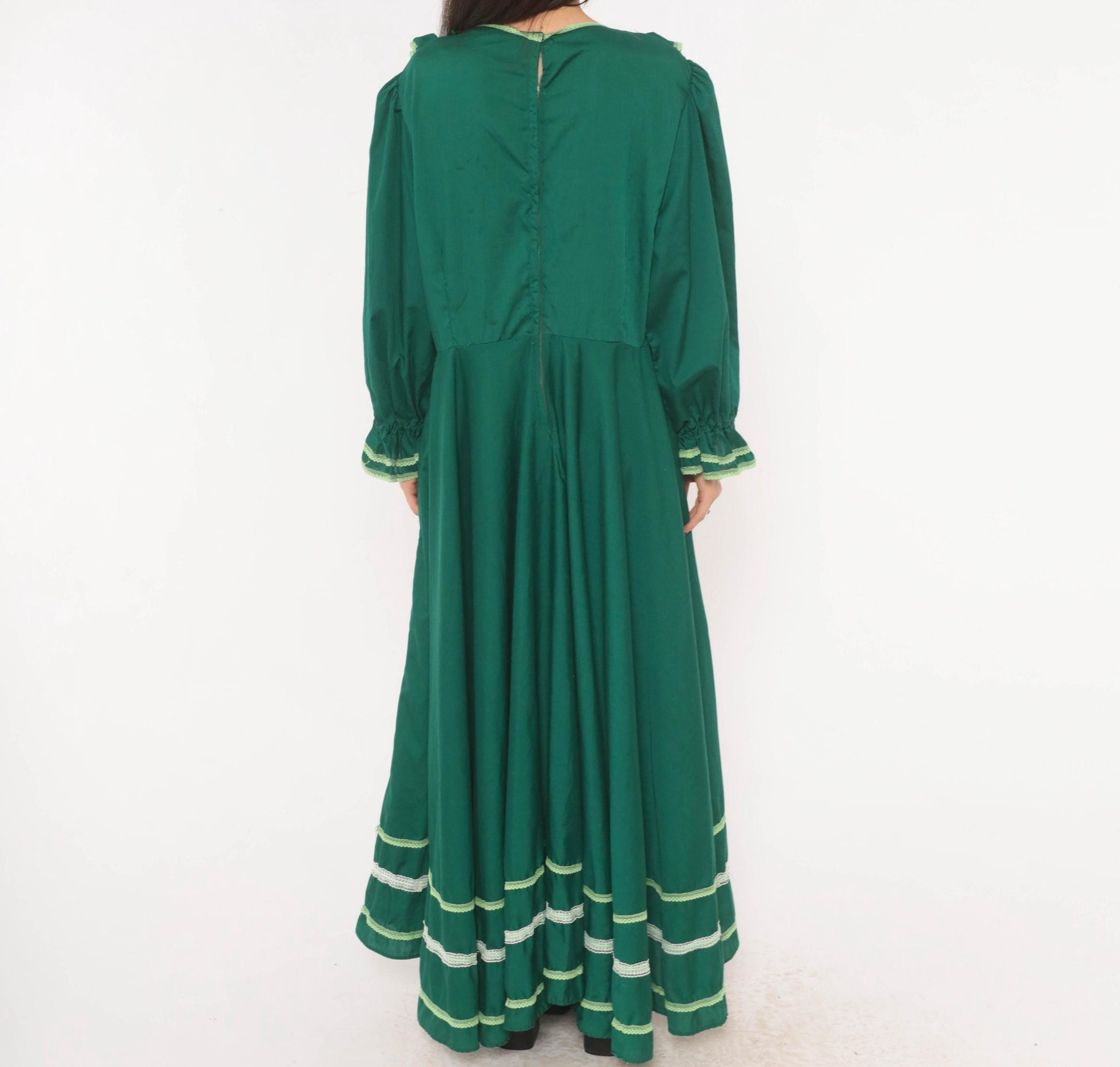 70s Forest Green Prairie Maxi Dress Lace Ruffle Puff Sleeve Large L