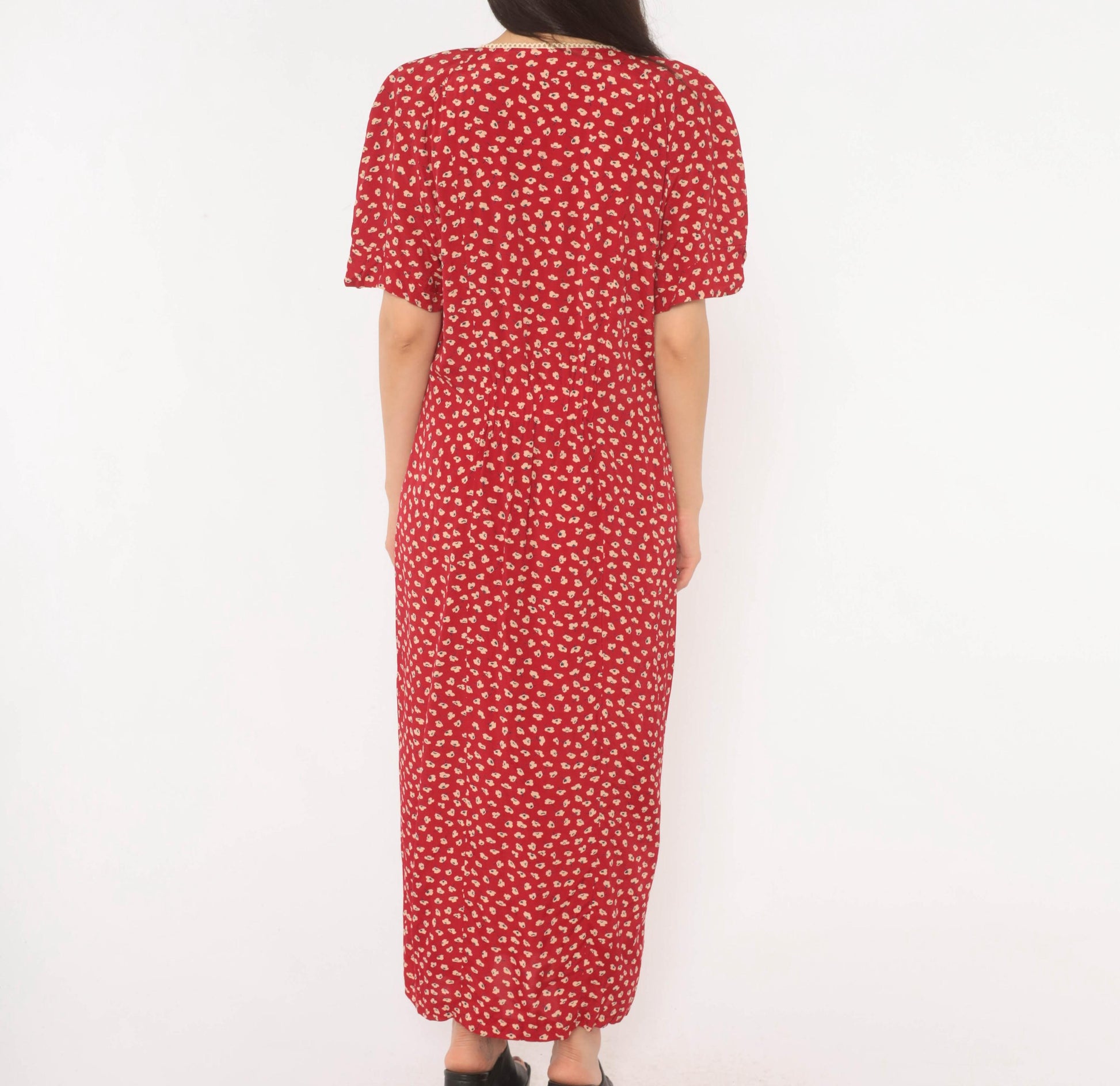 90s Anthony Mark Hankins Red Floral Maxi Dress Square Neck Lace Trim Large L