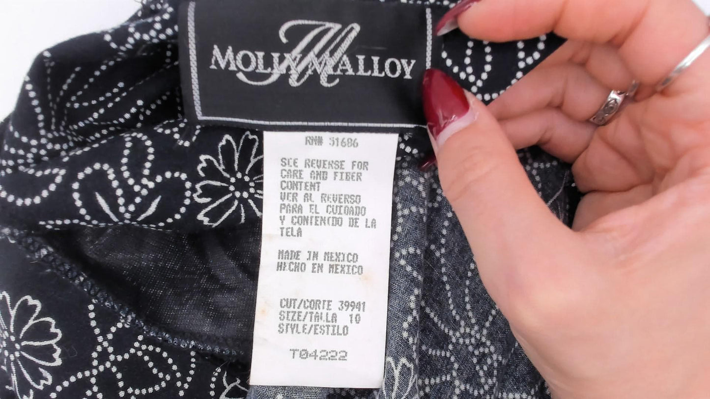 90s Molly Malloy Floral Jumpsuit Black White Dotted Print V Neck Small