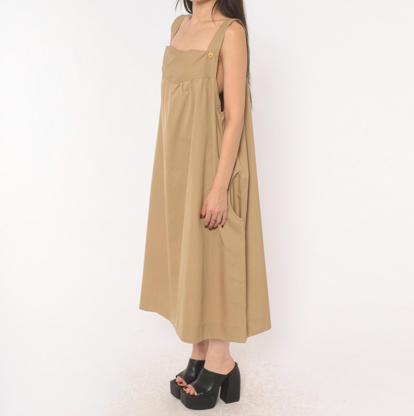 80s Tan Cotton Jumper Dress Square Neck Button Strap Midi Pinafore Large L