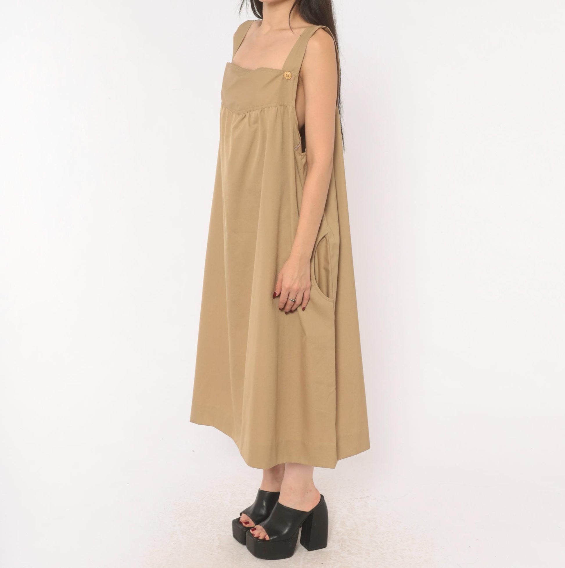 80s Tan Cotton Jumper Dress Square Neck Button Strap Midi Pinafore Large L
