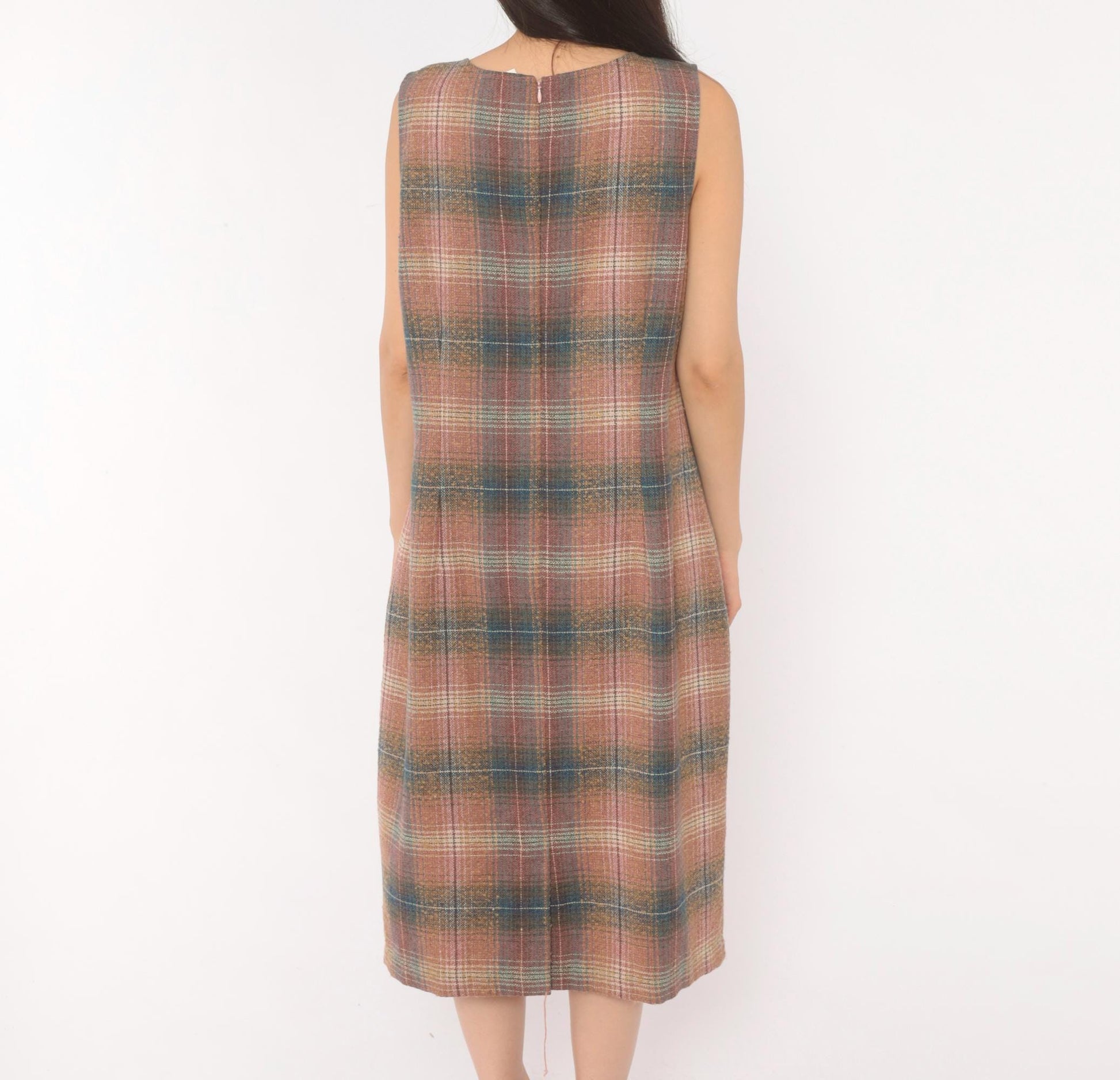 Y2K Chadwicks Plaid Wool Midi Dress Sleeveless A-Line Pink Teal Large L