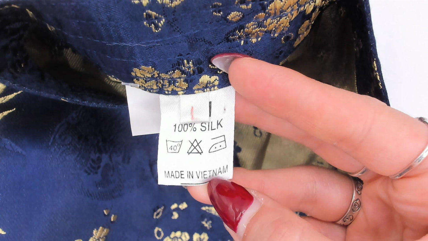 90s Navy Silk Cheongsam Vest Gold Bamboo Brocade Mandarin Collar Small S