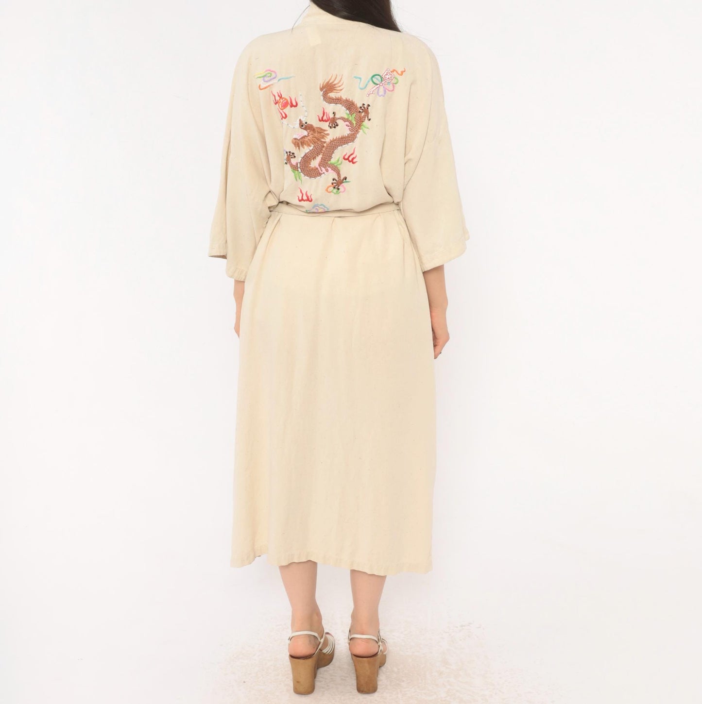 80s Health Silk Kimono Robe Dragon Embroidered Cream Midi Extra Large