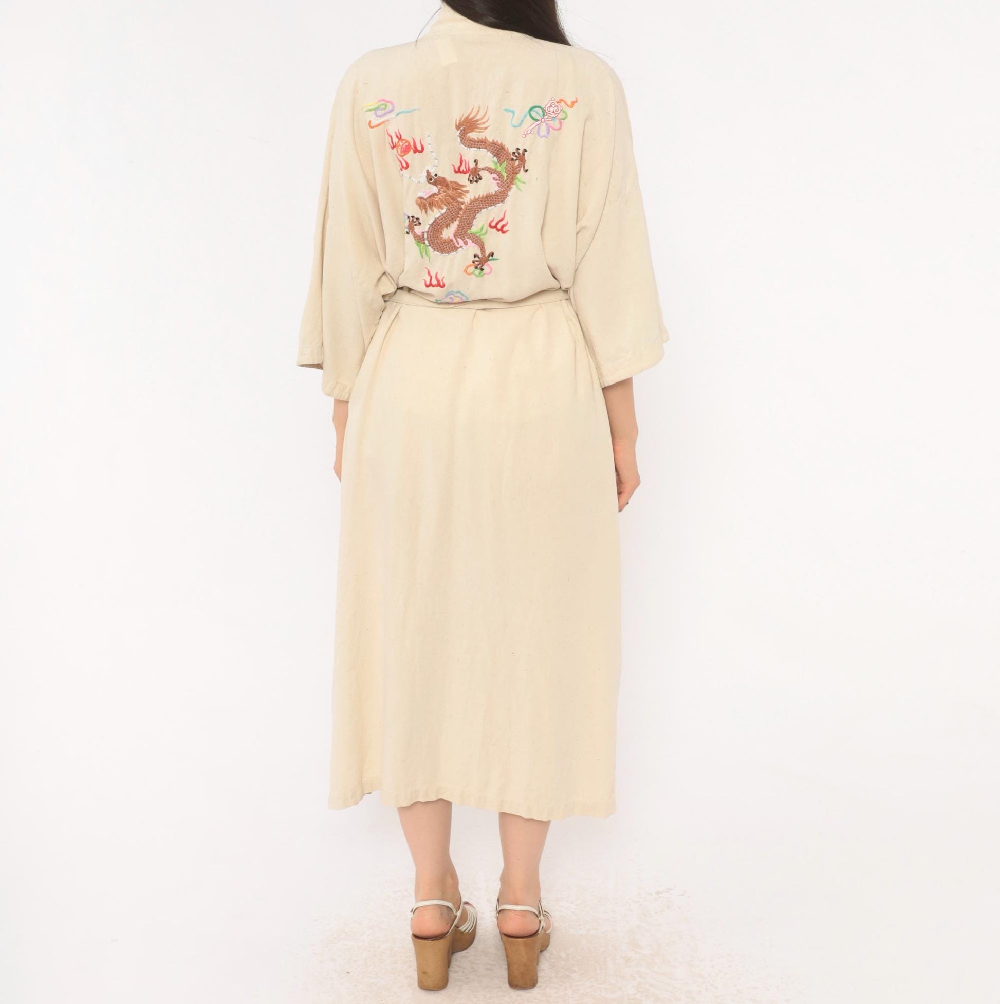 80s Health Silk Kimono Robe Dragon Embroidered Cream Midi Extra Large