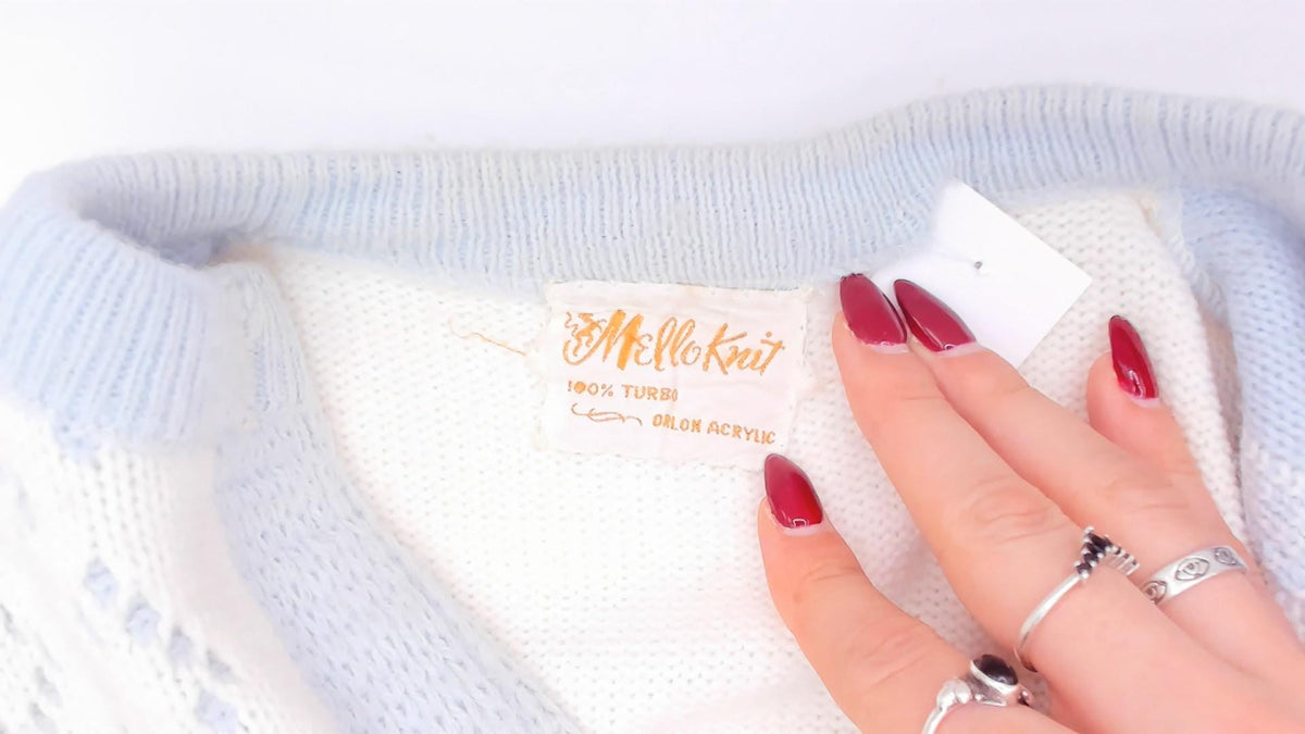 70s Mello Knit Cream Baby Blue Diamond Cardigan Button Front Medium