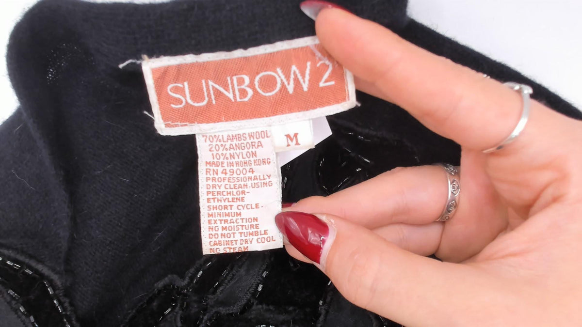 80s Sunbow 2 Black Beaded Mesh V-Neck Angora Pullover Dolman Sleeve Medium