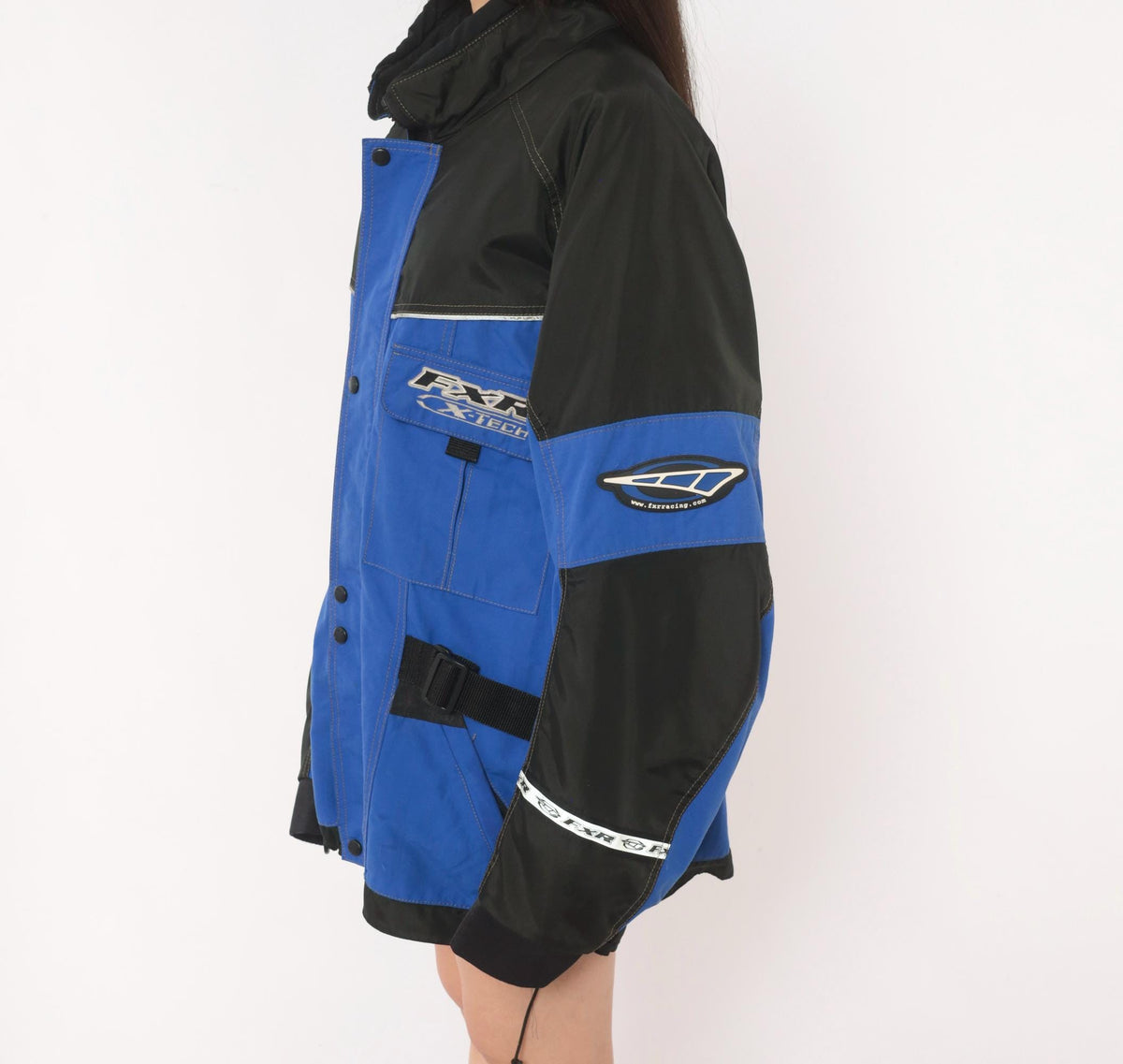 90s FXR X-Tech Snowmobile Jacket Blue Black Color Block Nylon Shell Extra Large XL