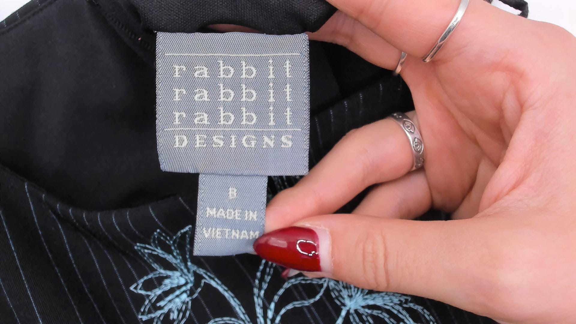 90s Rabbit Black Floral Embroidered A-Line Dress Blue Pinstripe Medium M