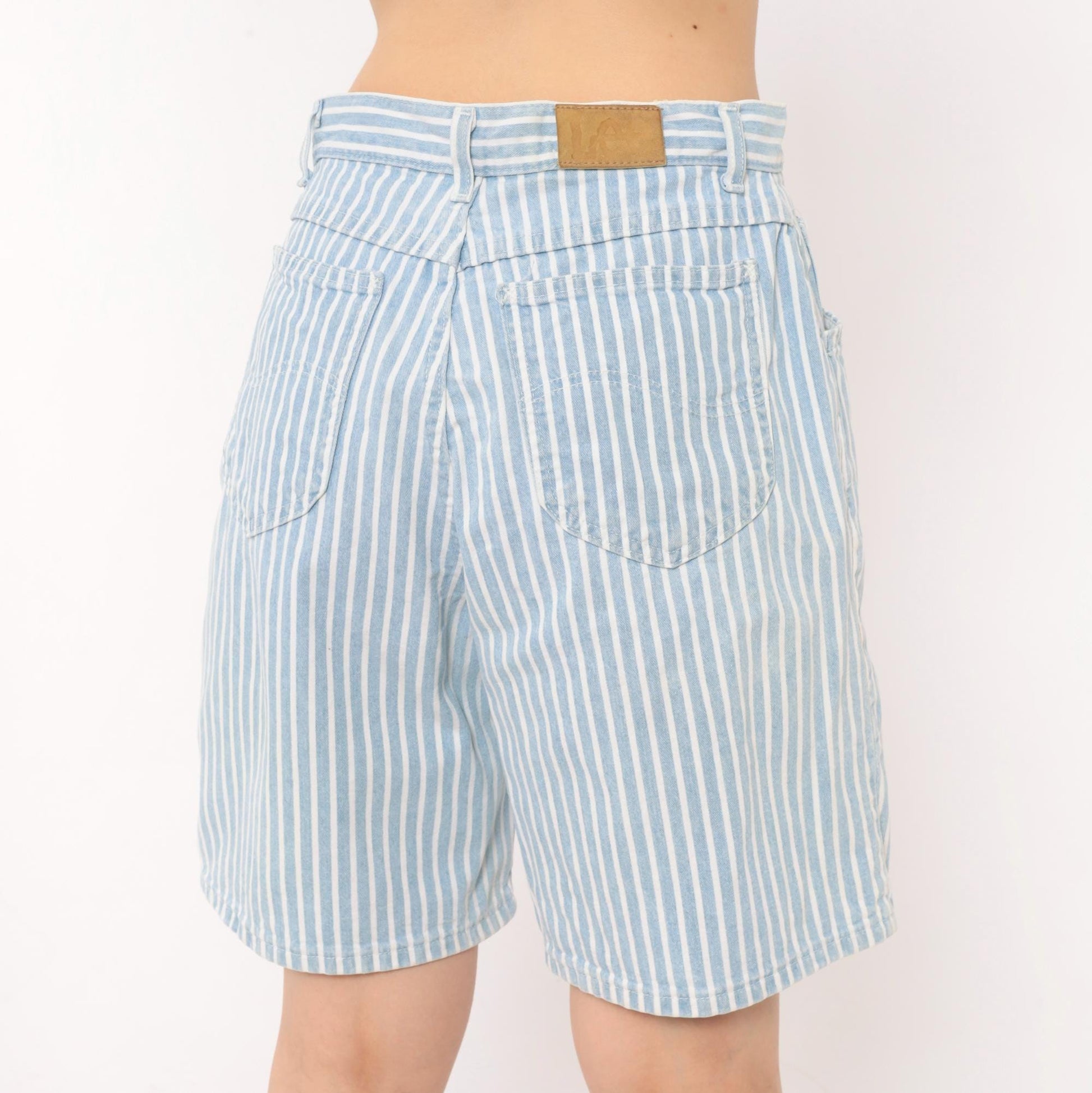 90s Lee High Waist Pinstriped Denim Shorts Blue White Bermuda Medium M