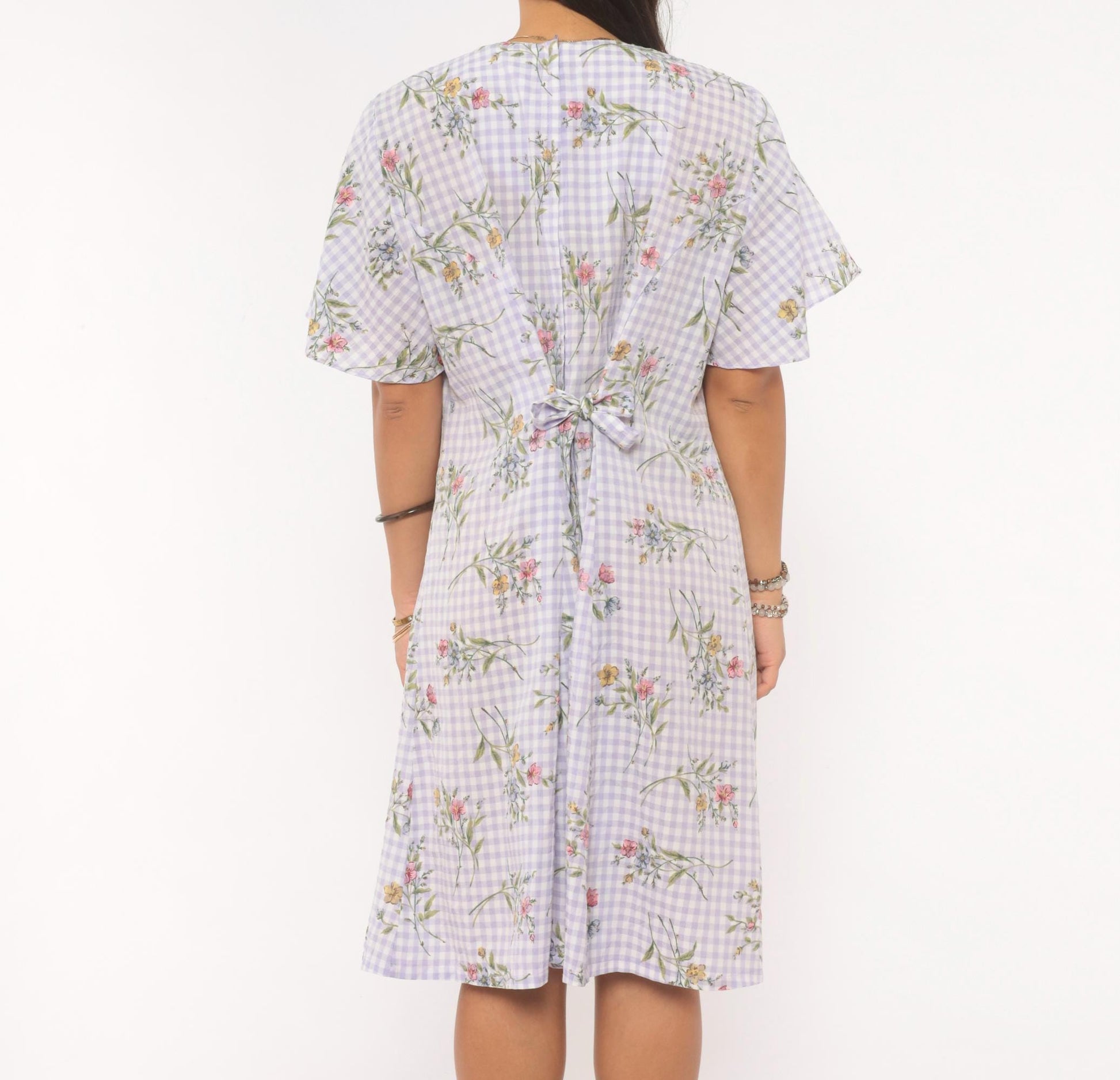 90s Sarah Richards Plus Lavender Gingham Floral Dress Flutter Sleeve A-Line Extra Large XXL