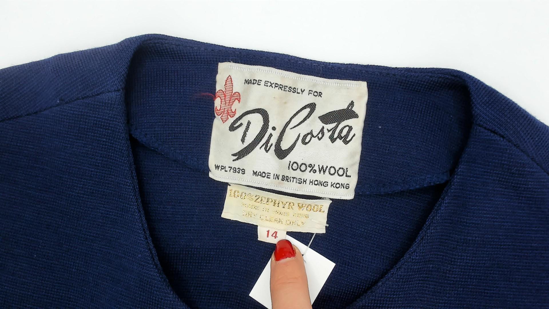 60s Di Costa Wool Chevron Stripe Mini Dress Navy Cream Gold Coral Zip Front Medium