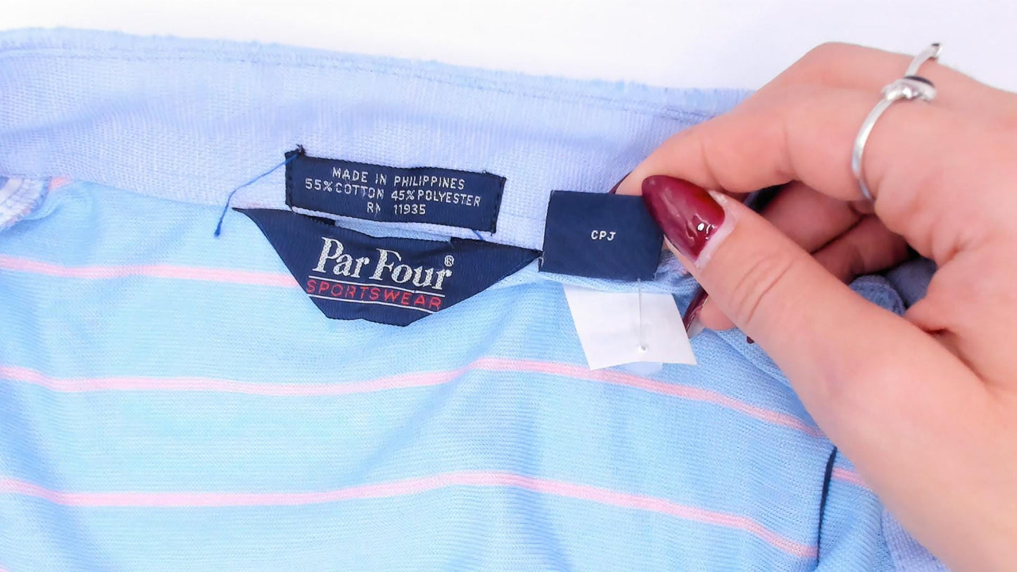 80s Par Four Striped Polo Shirt Blue Pink Chest Pocket Medium