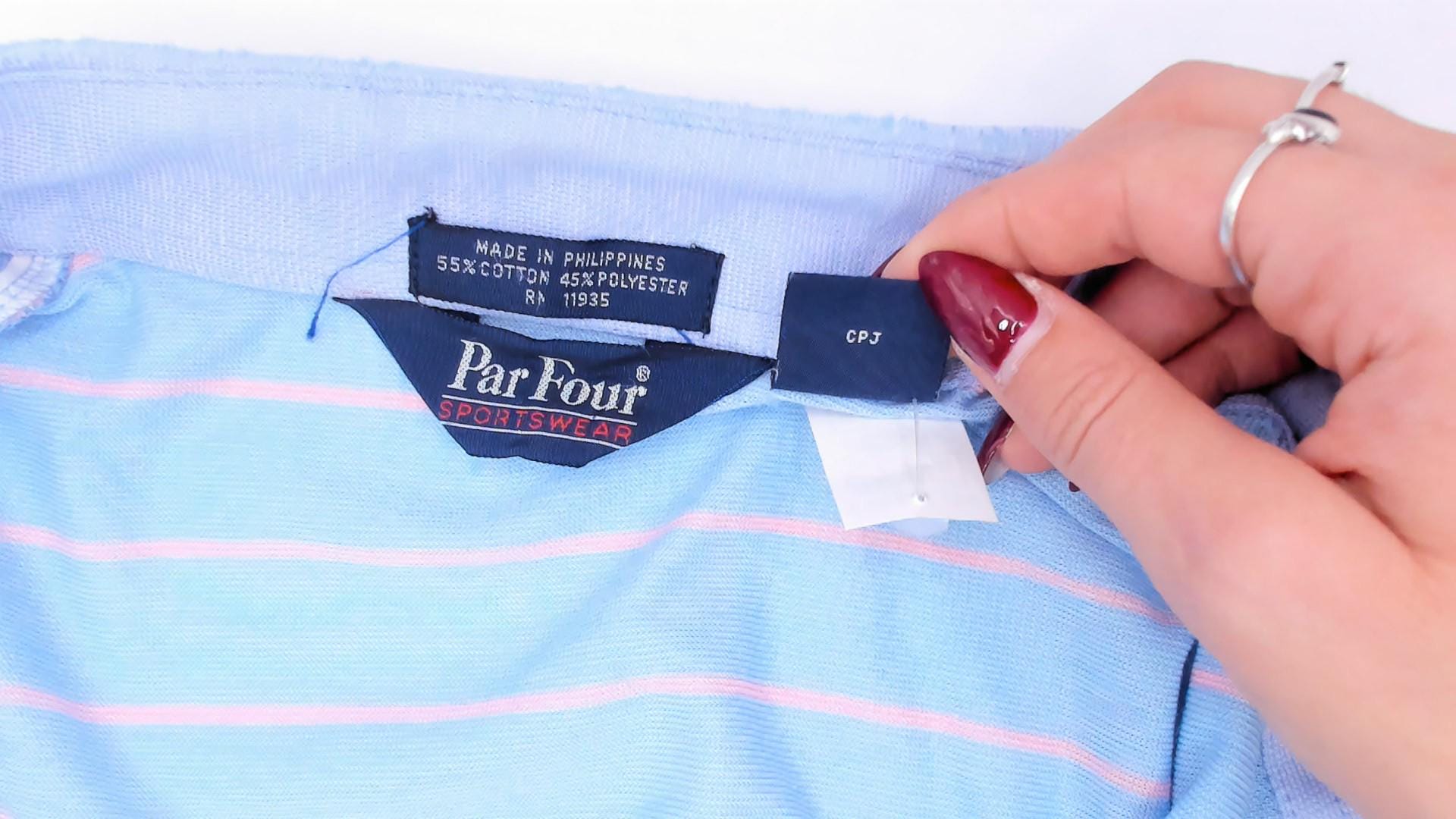 80s Par Four Striped Polo Shirt Blue Pink Chest Pocket Medium