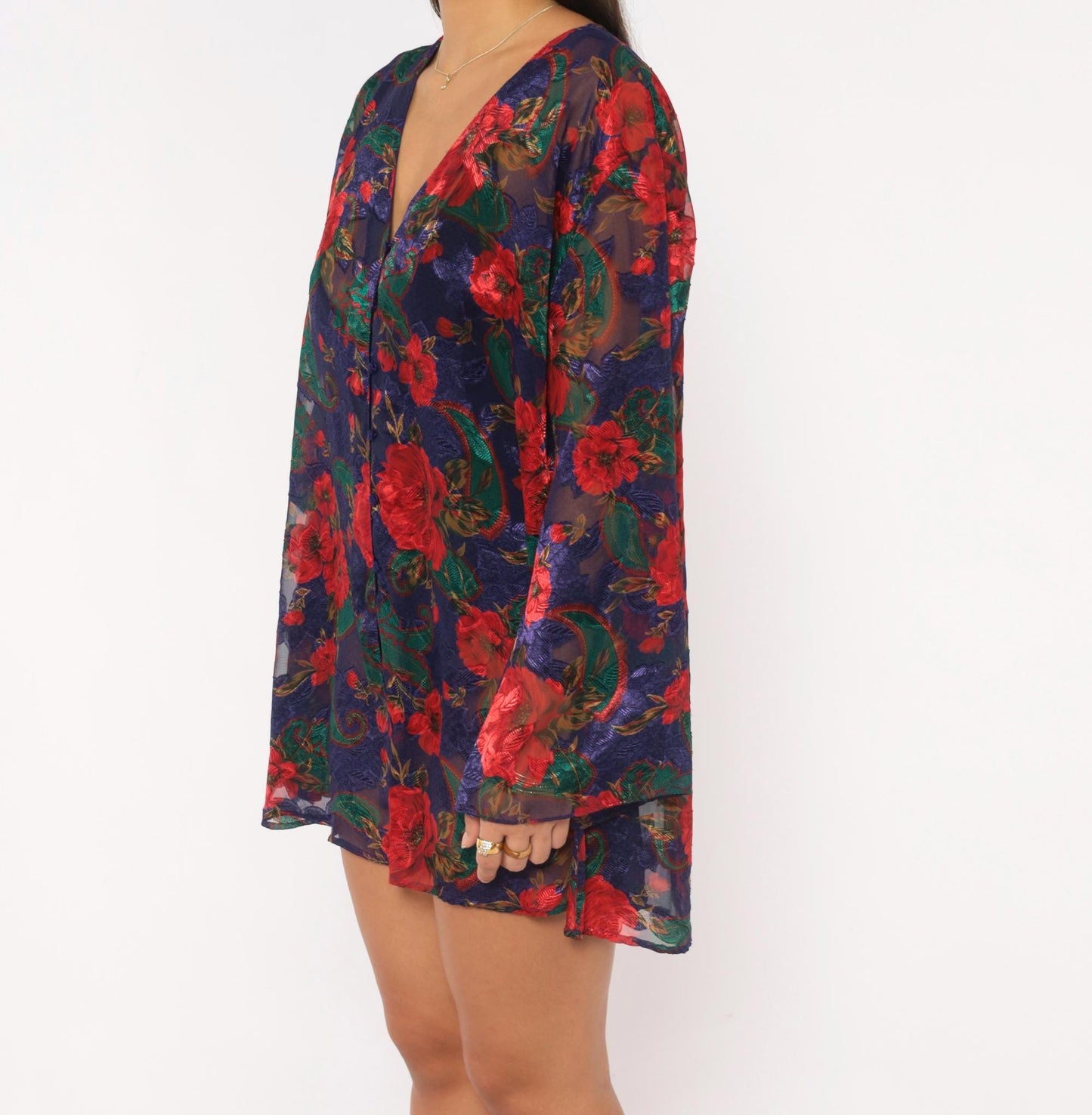 90s Victoria's Secret Sheer Robe Navy Red Floral Bell Sleeve Button Front Medium