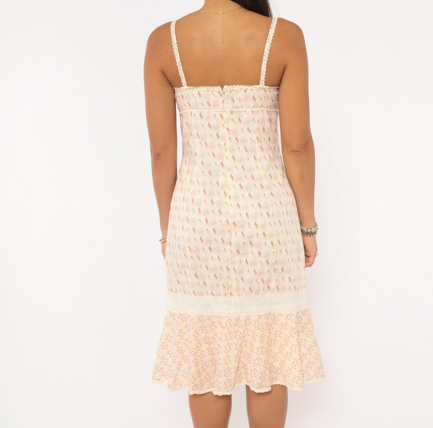 Y2K Floral Sundress Cream Tan Ribbon Bow Lace Trim Cotton Extra Small XS