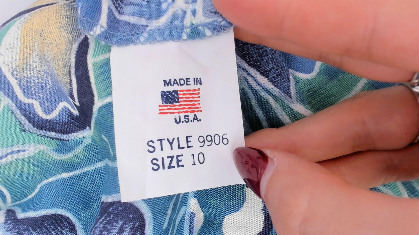 80s Elinor Carolina Maid Tropical Floral Shirtdress Blue Midi Medium