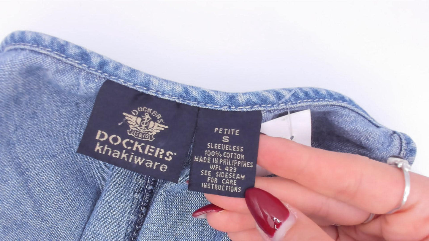 90s Dockers Denim Mini Dress Button Front Spaghetti Strap Blue Small