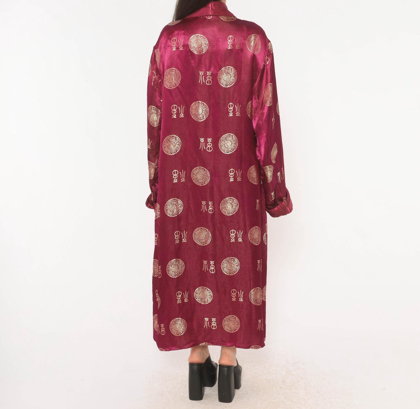 90s Magenta Satin Robe Gold Jacquard Medallion Kimono Maxi Duster Large L