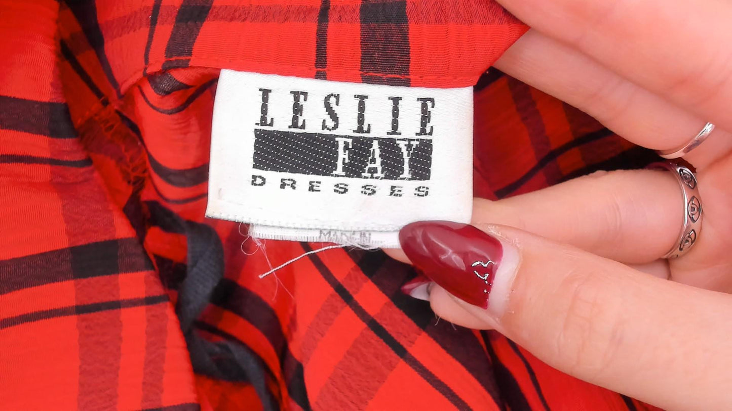 80s Leslie Fay Plaid Shirtdress Red Black Tartan Midi Pleated Medium Large