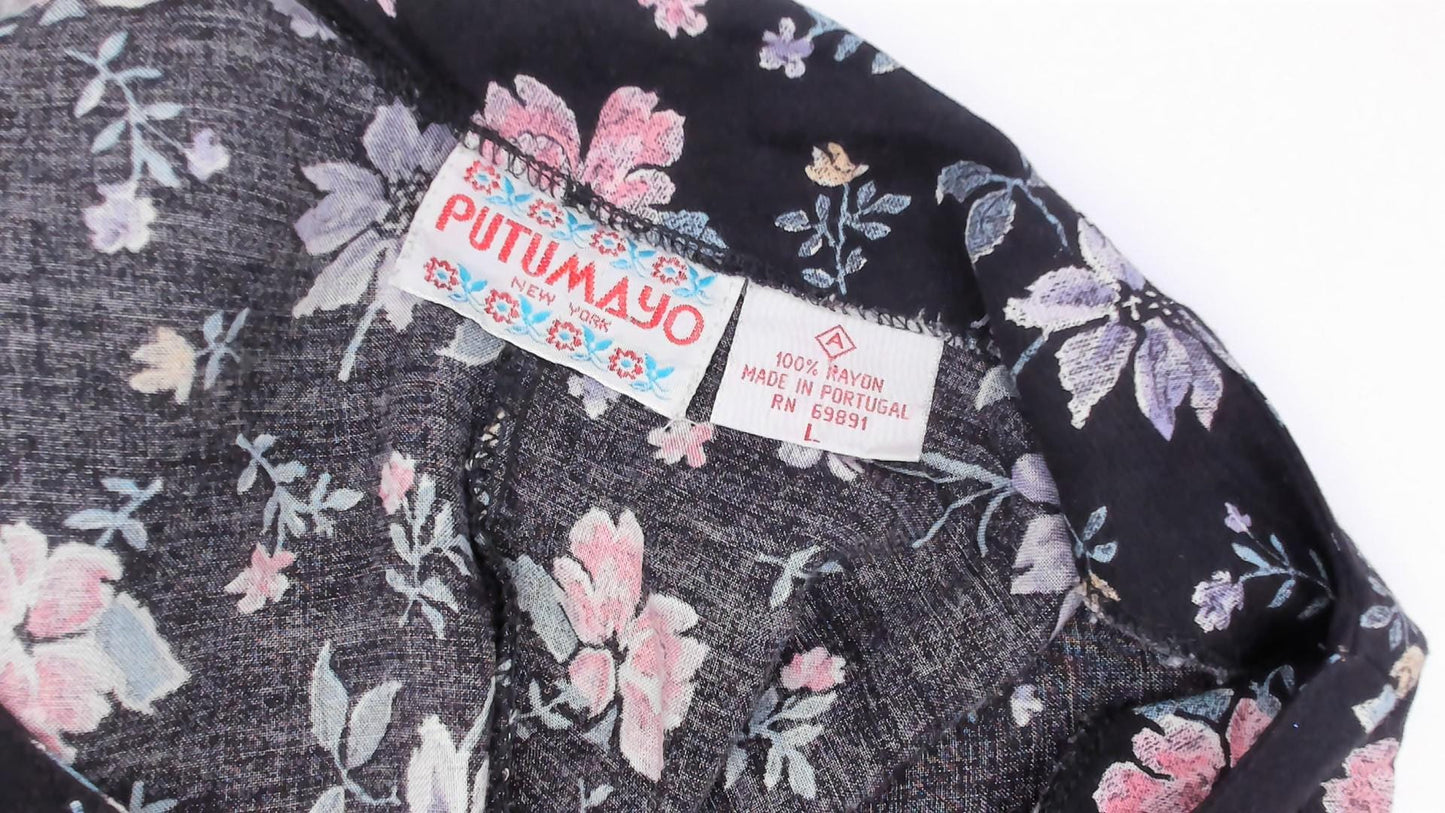 Y2K Putumayo Black Floral Maxi Dress Pink Lavender Button Front Large L