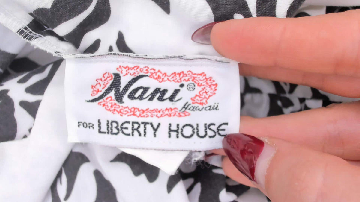 90s Nani Liberty House Hawaiian Floral Square Neck Puff Sleeve Dress Black White Small S