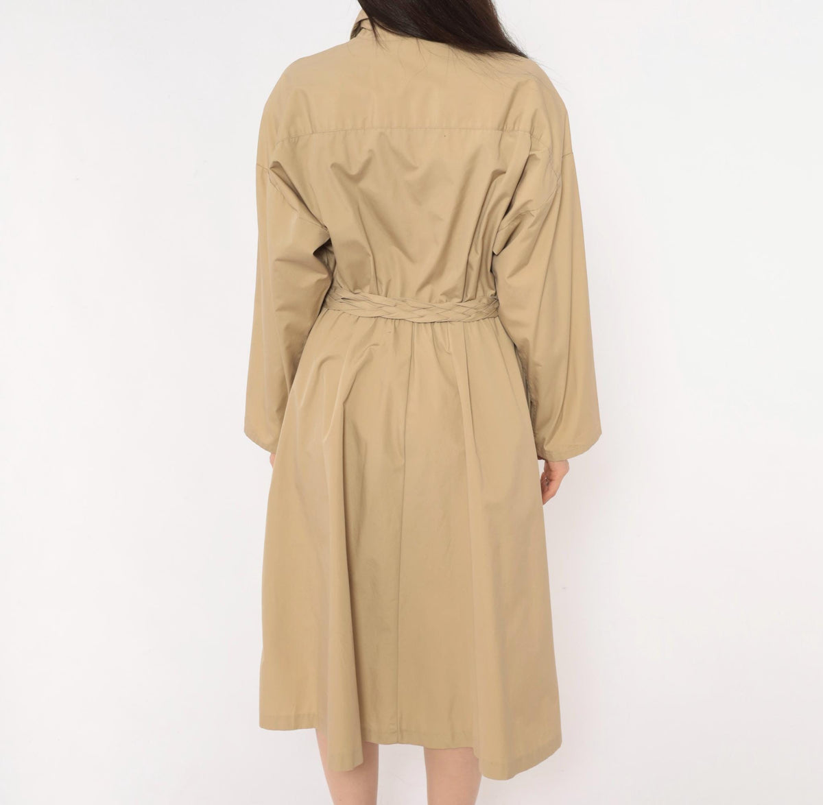 80s Tan Shirt Dress Braided Belt Pointed Collar A-Line Knee Length Large