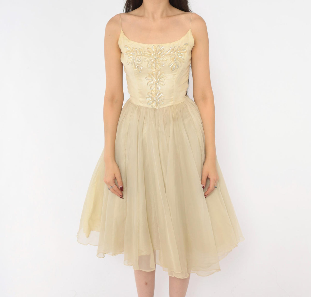 1950s Cream Sequin Floral Party Dress Full Skirt Chiffon Extra Small XS