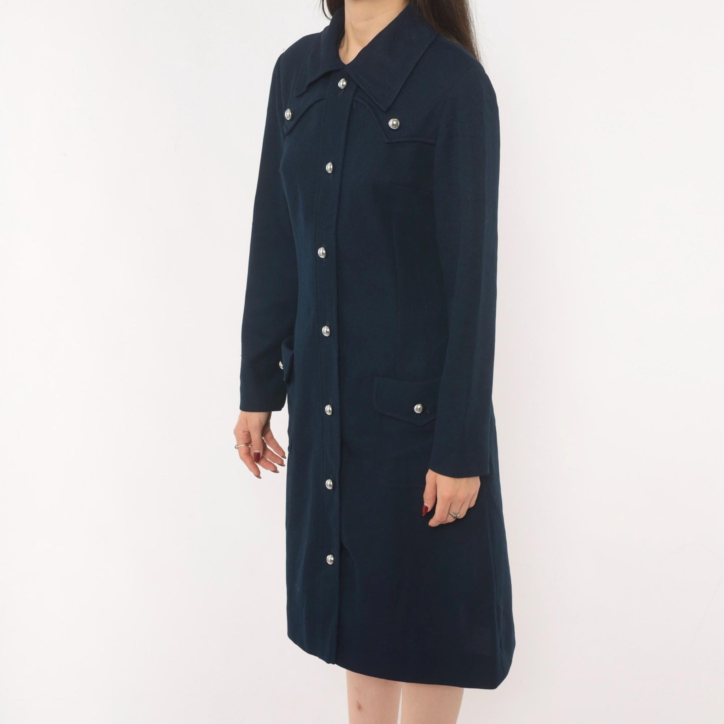 70s R & K Originals Navy Coat Dress Western Yoke Silver Buttons Medium