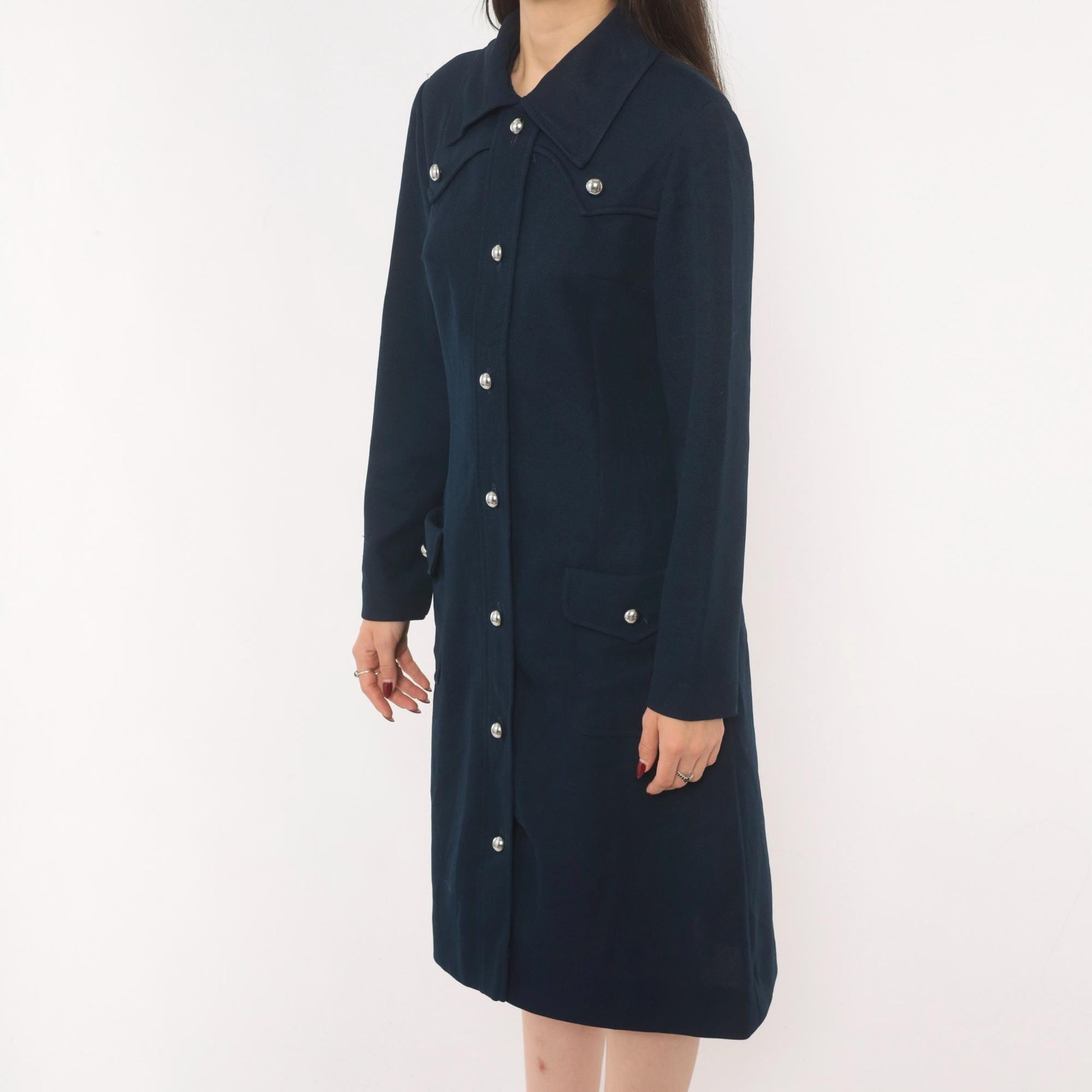70s R & K Originals Navy Coat Dress Western Yoke Silver Buttons Medium