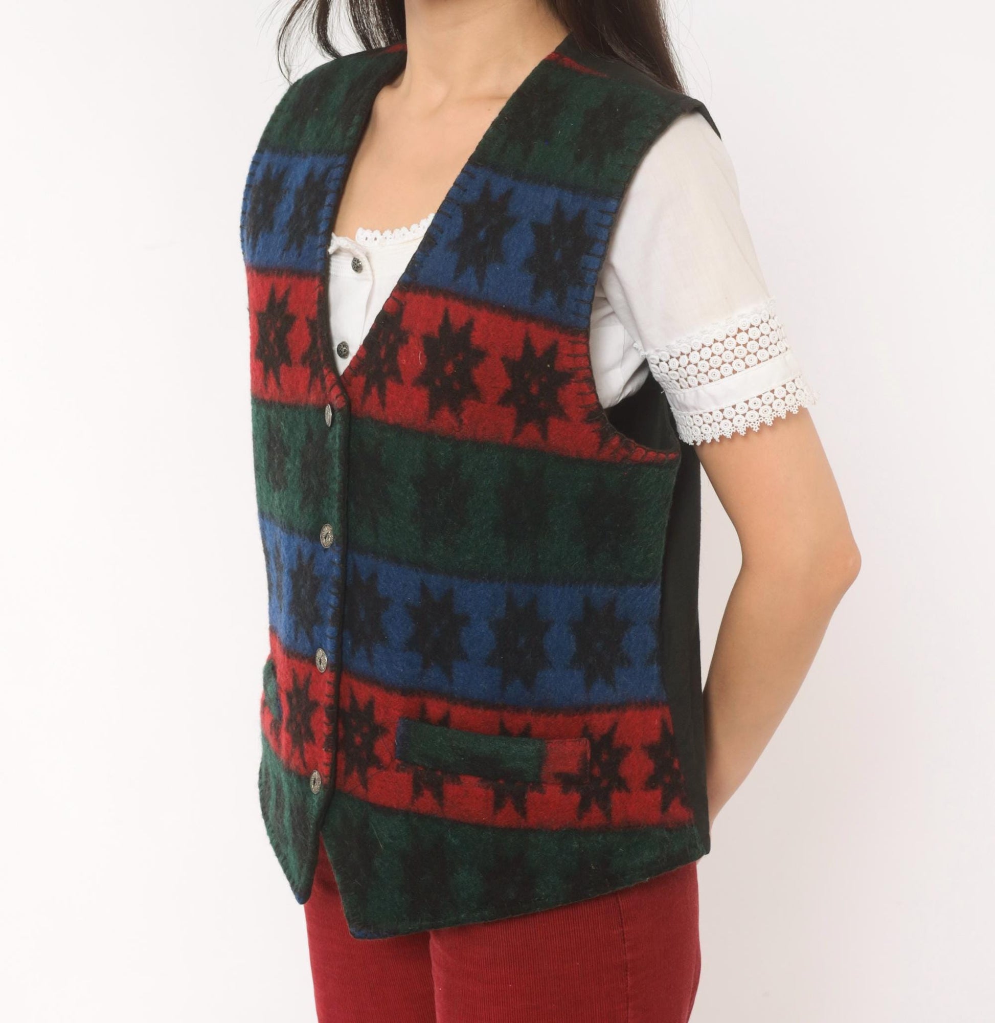 90s Erika Wool Vest Star Pattern Striped Navy Burgundy Forest Green Medium M
