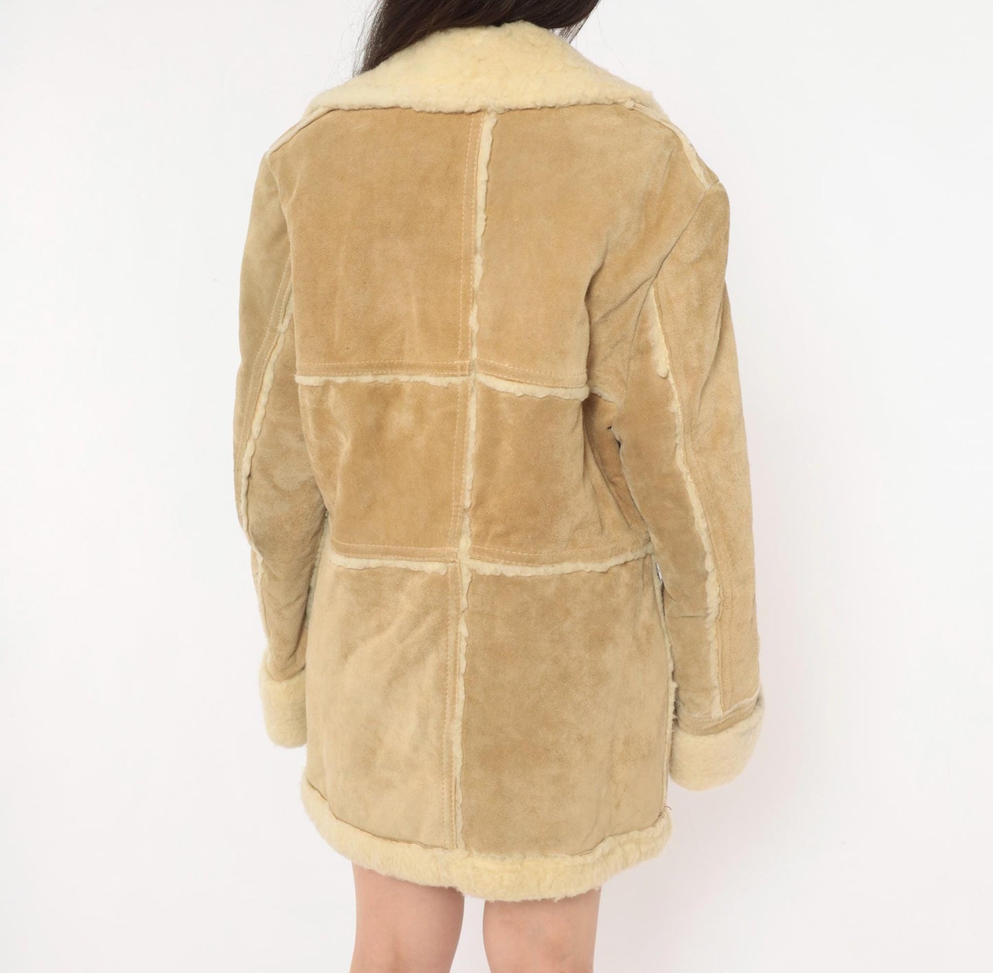 70s Tan Suede Shearling Jacket Wool Lined Cream Sherpa Collar Extra Large XL