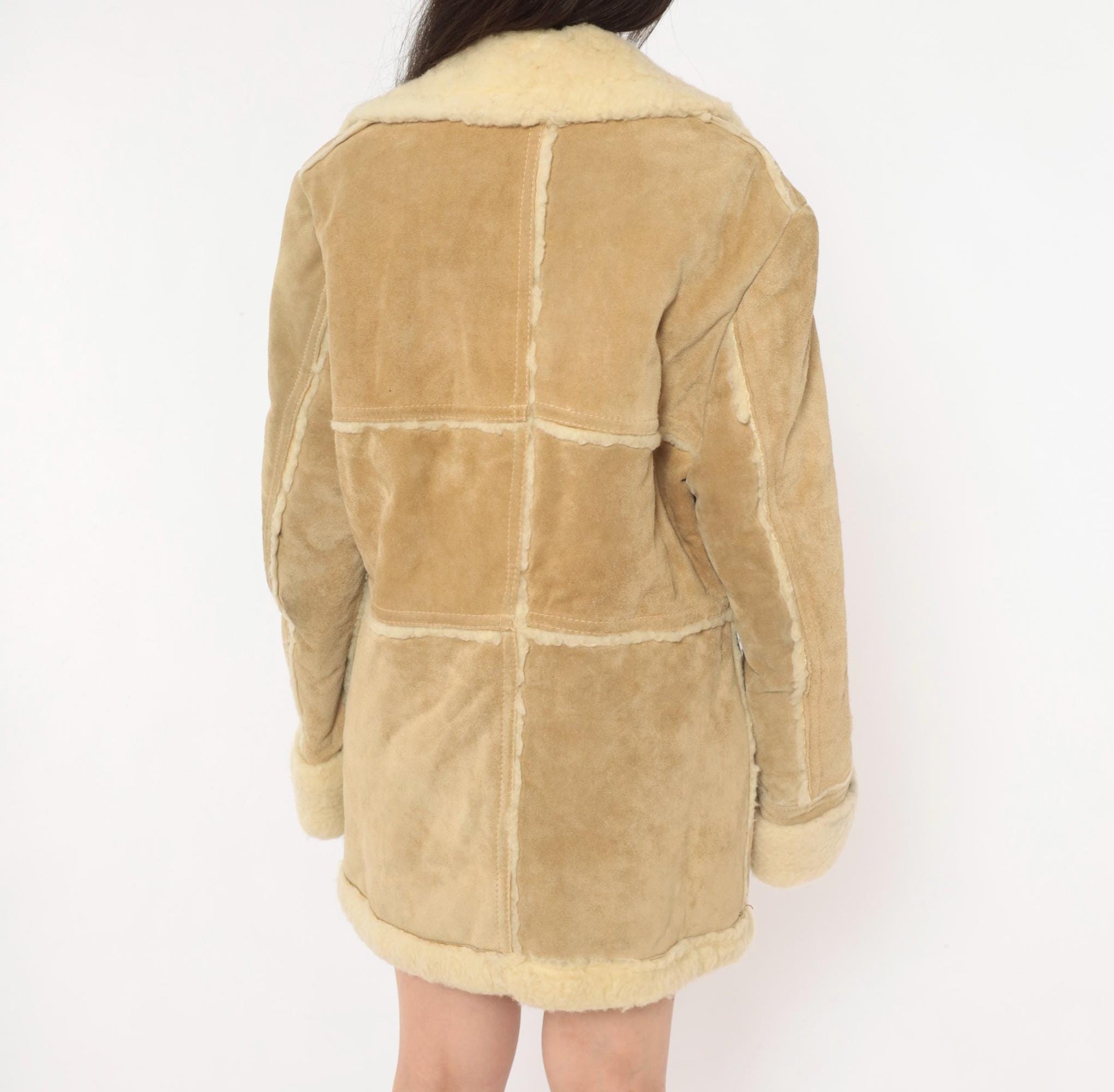 70s Tan Suede Shearling Jacket Wool Lined Cream Sherpa Collar Extra Large XL