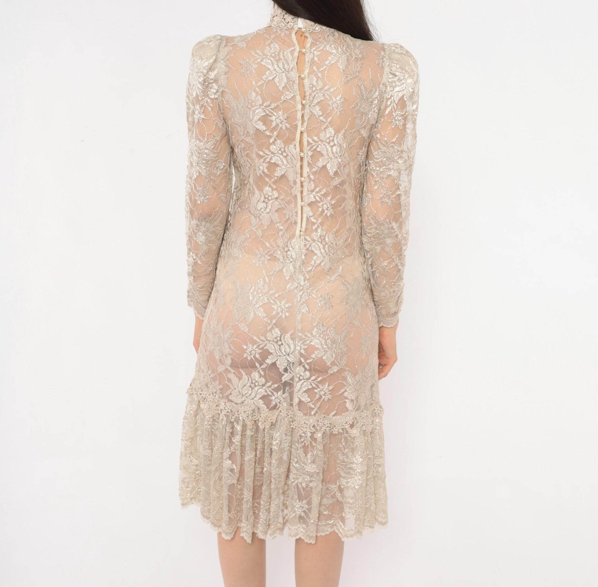 90s Cream Floral Lace Dress Pearl Button Back Puff Sleeve Small