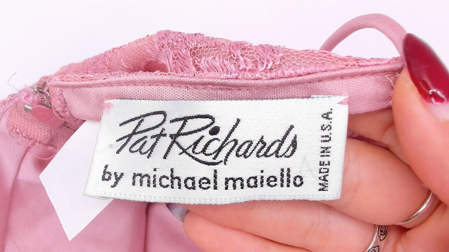 80s Pat Richards Pink Lace Maxi Dress Floral Embroidered Drop Waist Medium