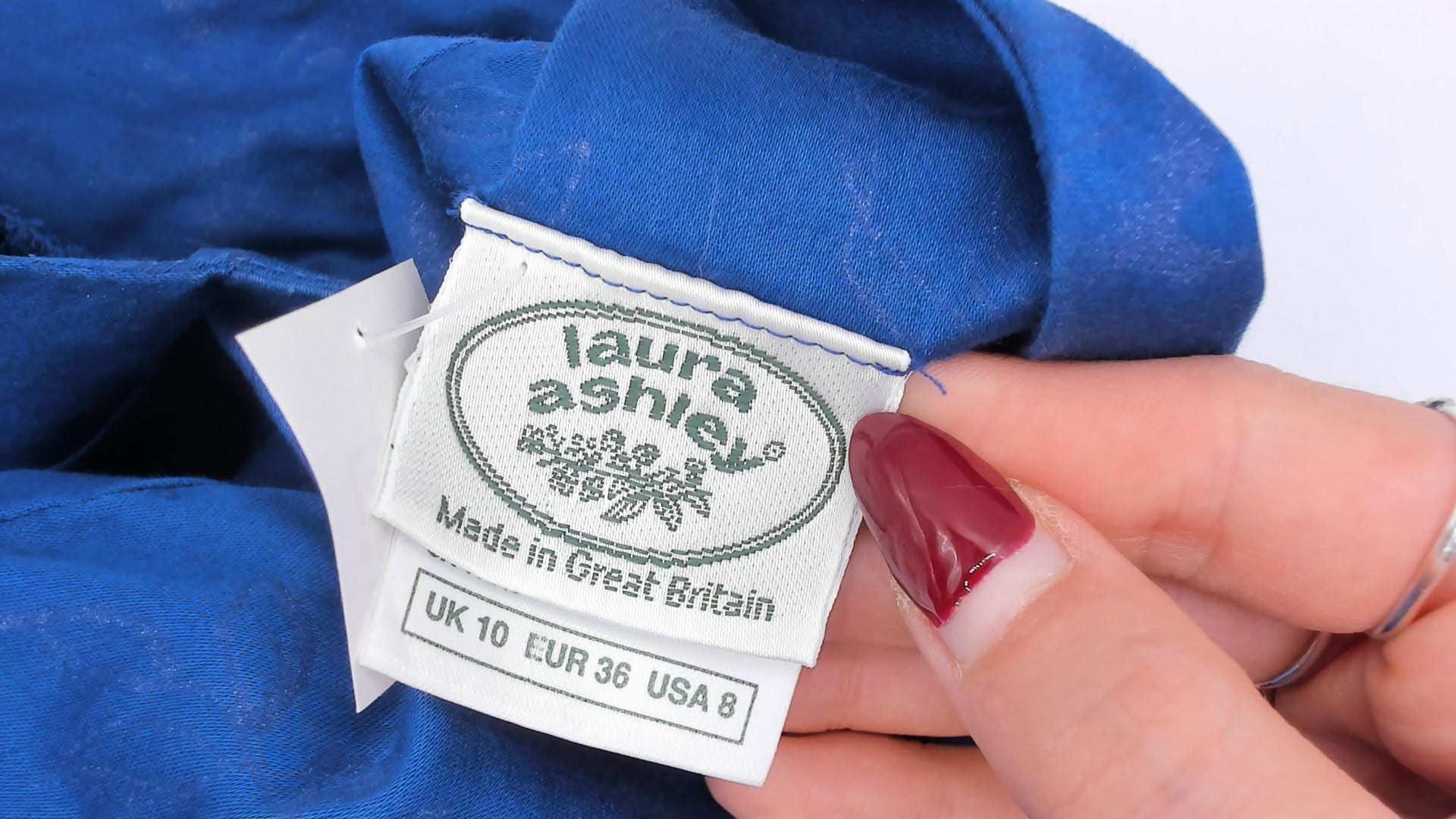 80s Laura Ashley Midi Dress Blue Cotton Puff Sleeve Sweetheart Neckline Extra Small XS