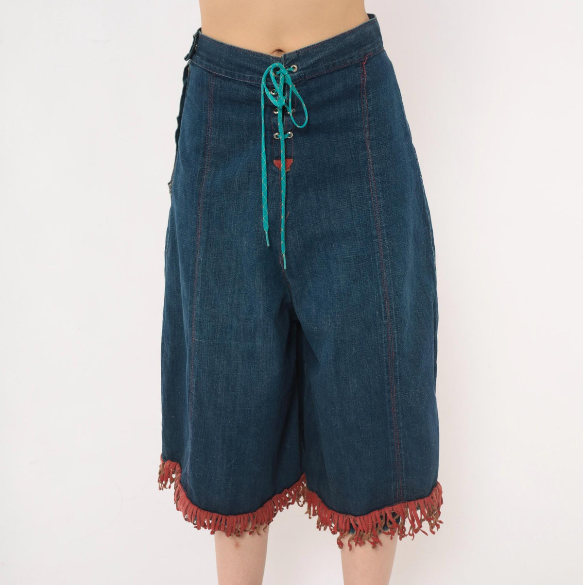 80s Blue Denim Wide Leg Shorts Red Fringe Lace Up Front Studded Medium M