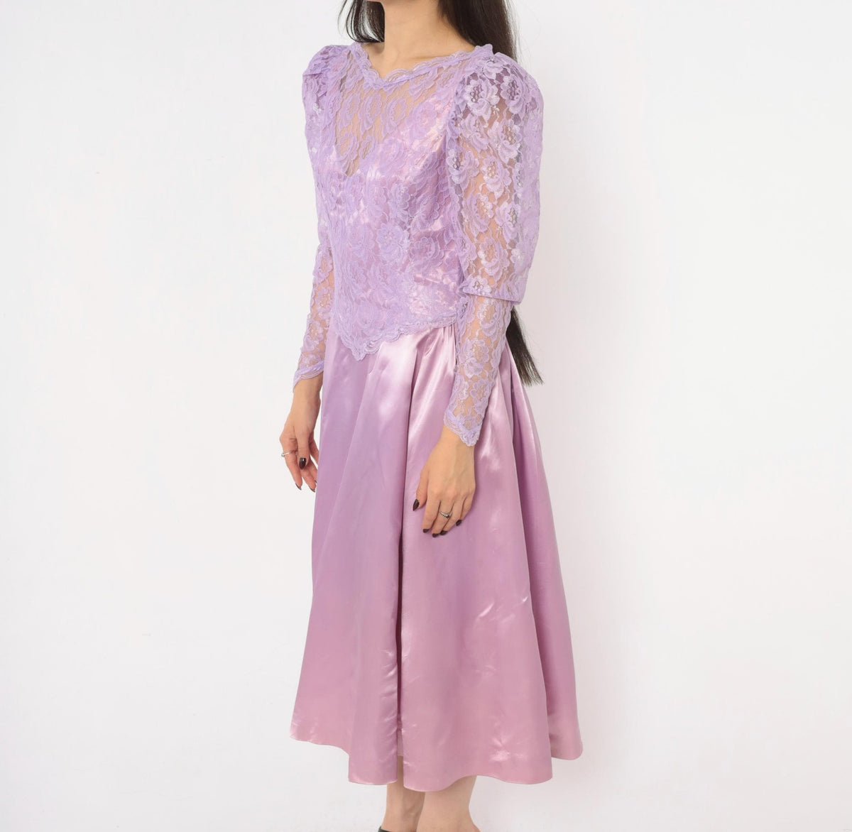 80s Lavender Lace Midi Dress Puff Sleeve Satin Purple V Neck Small