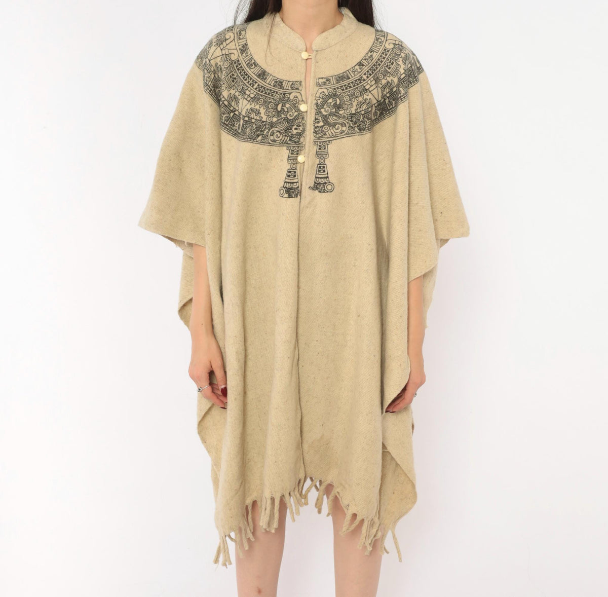 90s Aztec Calendar Wool Blend Poncho Cream Mandarin Collar Fringe Hem