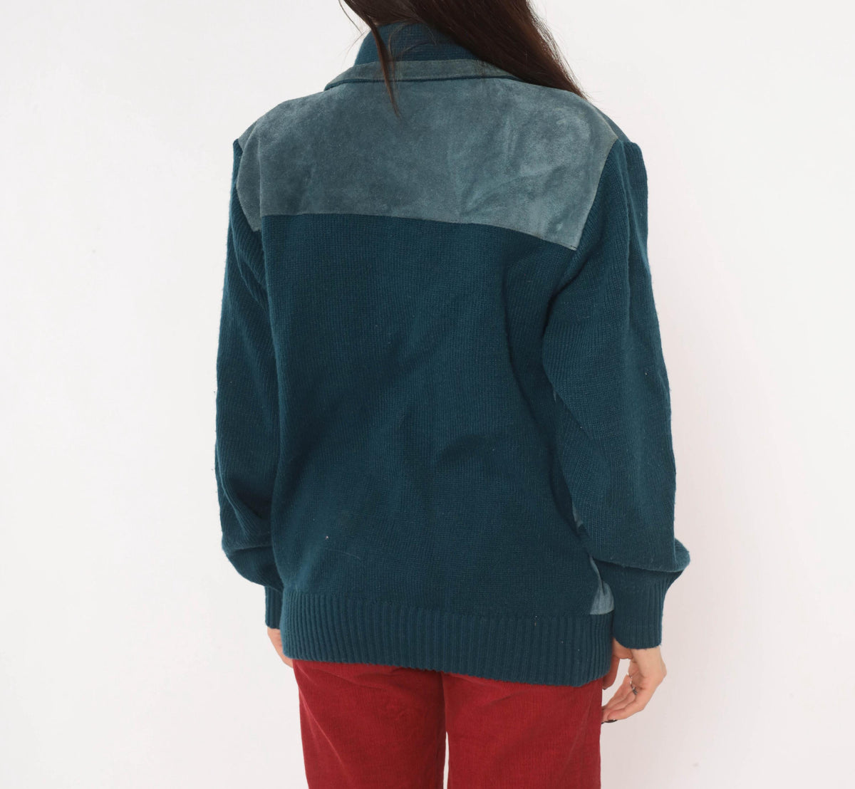80s Mervyn's Navy Blue Suede Leather Cardigan Knit Zip Jacket Large