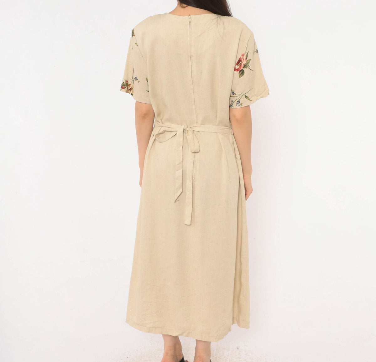 90s Just in Thyme Floral Midi Dress Cream Rose Print A-Line Large L