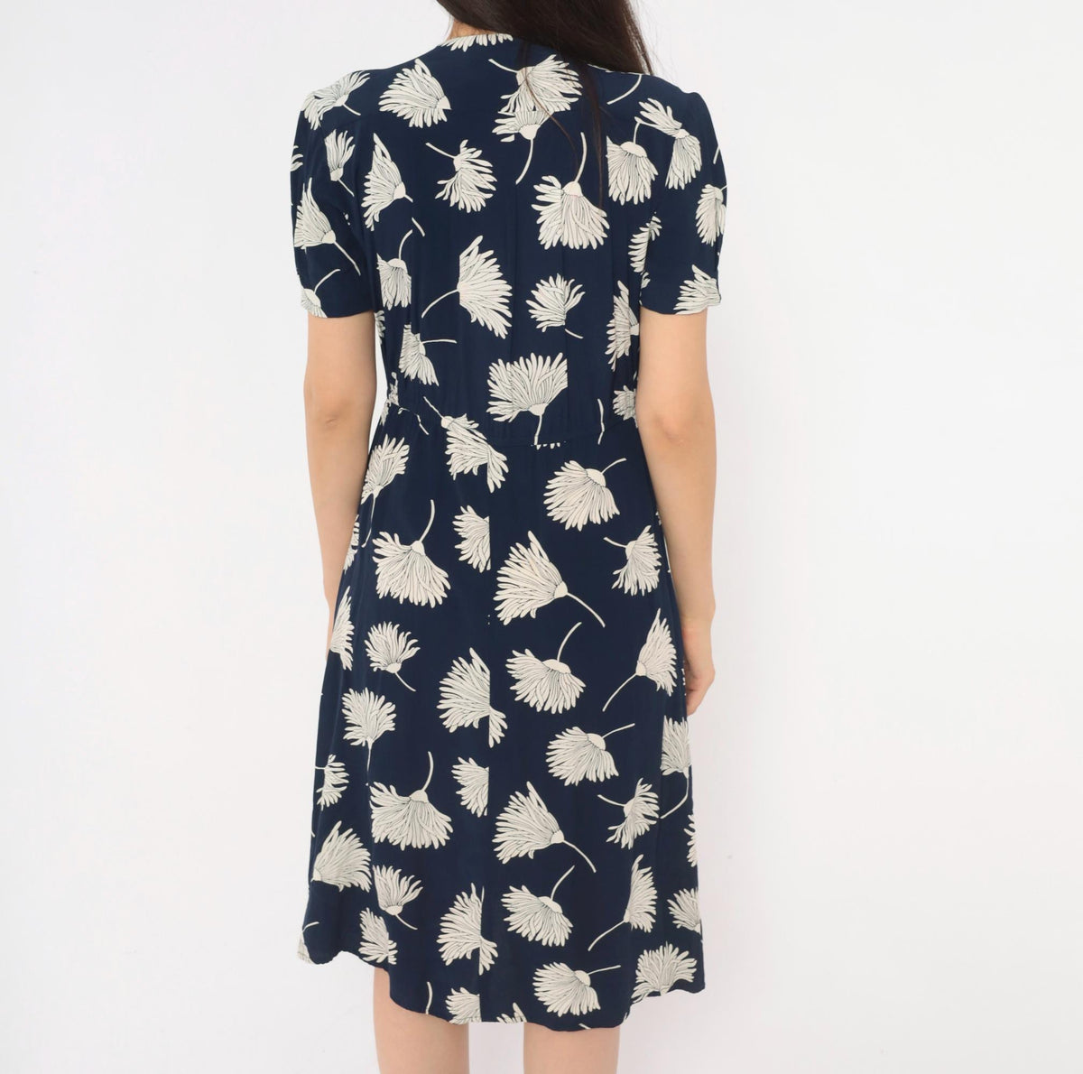 90s Liz Claiborne Navy Floral Dress White Daisy Print Puff Sleeve Small S