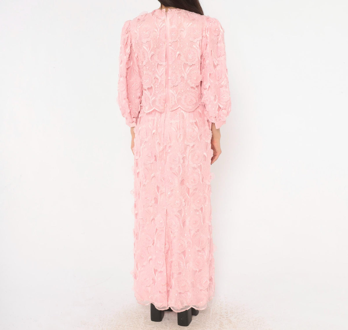 80s Bernadette Designs Pink Maxi Dress Floral Embroidered Puff Sleeve Large L