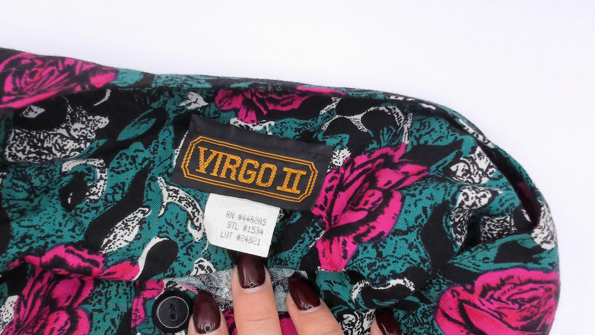 90s Virgo II Rose Print Maxi Dress Teal Pink Button Front Medium