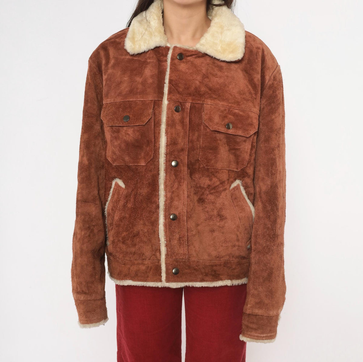 70s Grande Bay Brown Suede Trucker Jacket Shearling Lined Medium